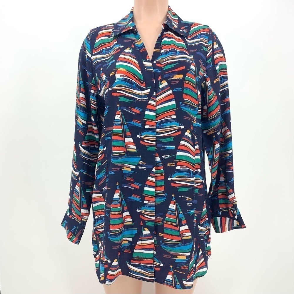 Soft Surroundings Sail Away Sailboat Print Buttoned Shirt Blouse Top